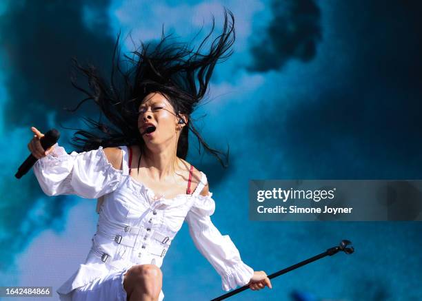 Rina Sawayama performs live on the main stage during day three of Reading Festival 2023 at Richfield Avenue on August 27, 2023 in Reading, England.