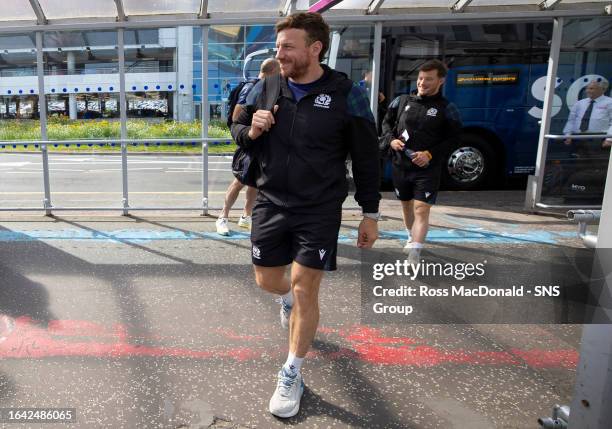 Hamish Watson is pictured as Scotland depart for the Rugby World Cup in France from Edinburgh Airport, on September 03 in Edinburgh, Scotland.