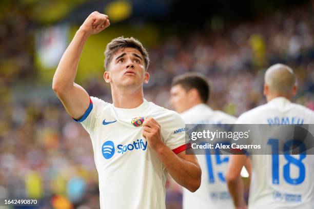 Gavi of FC Barcelona celebrates after scoring the team's first goal during the LaLiga EA Sports match between Villarreal CF and FC Barcelona at...