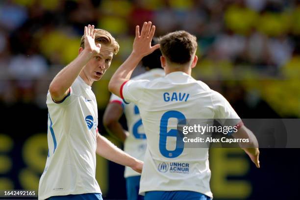 Frenkie de Jong of FC Barcelona celebrates with Gavi of FC Barcelona after scoring the team's second goal during the LaLiga EA Sports match between...