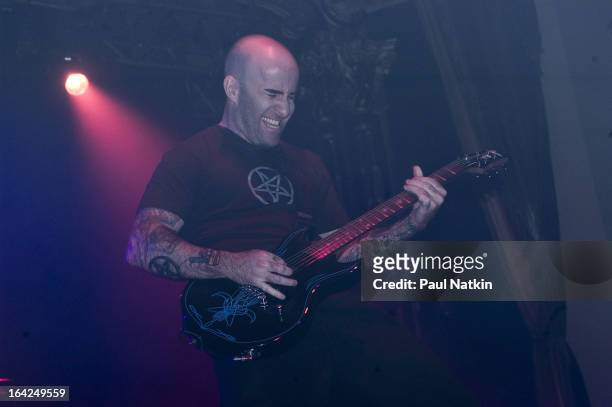 American guitarist Scott Ian of the band Anthrax performs on stage at the Aragon Ballroom, Chicago, Illinois, February 23, 2005. The performance was...