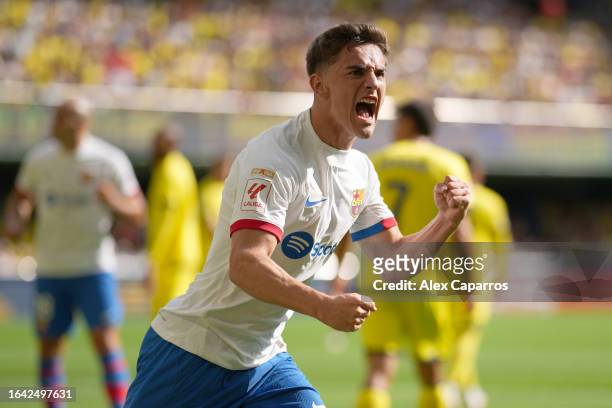 Gavi of FC Barcelona celebrates after scoring the team's first goal during the LaLiga EA Sports match between Villarreal CF and FC Barcelona at...