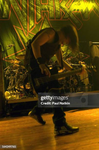 American bass guitarist Frank Bello of the band Anthrax performs on stage at the House of Blues, Chicago, Illinois, May 1, 2005.