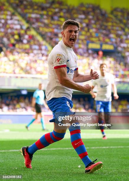 Pablo Paez 'Gavi' of FC Barcelona celebrates after scoring his team's opening goal during the LaLiga EA Sports match between Villarreal CF and FC...