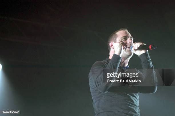 American singer John Bush of the band Anthrax performs on stage at the Aragon Ballroom, Chicago, Illinois, February 23, 2005. The performance was...