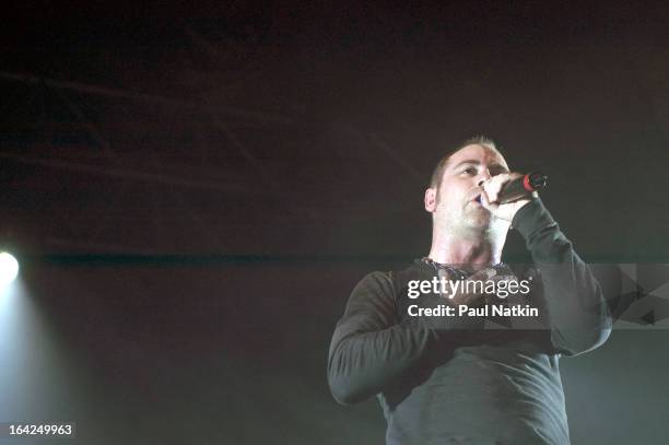 American singer John Bush of the band Anthrax performs on stage at the Aragon Ballroom, Chicago, Illinois, February 23, 2005. The performance was...