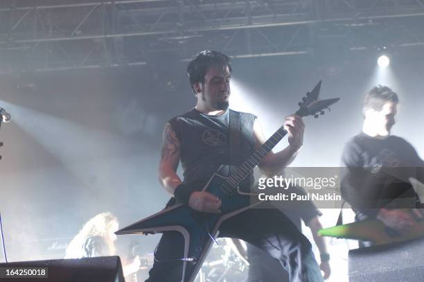 American guitarist Rob Caggiano of the band Anthrax performs on stage at the Aragon Ballroom, Chicago, Illinois, February 23, 2005. The performance...