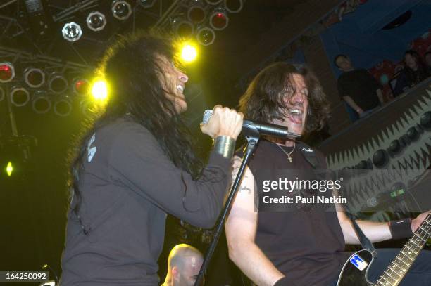 American singer Joey Belladonna and bass guitarist Frank Bello of the band Anthrax performs on stage at the House of Blues, Chicago, Illinois, May 1,...