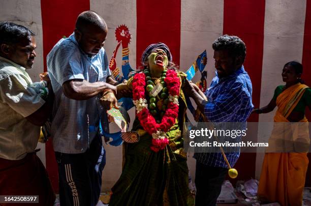 a devotee is being possed by goddess after makeover. - kaveripattinam stock pictures, royalty-free photos & images