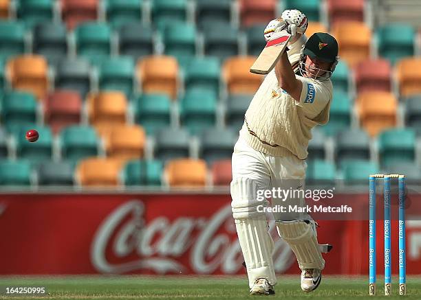 Mark Cosgrove of the Tigers bats during day one of the Sheffield Shield final between the Tasmania Tigers and the Queensland Bulls at Blundstone...
