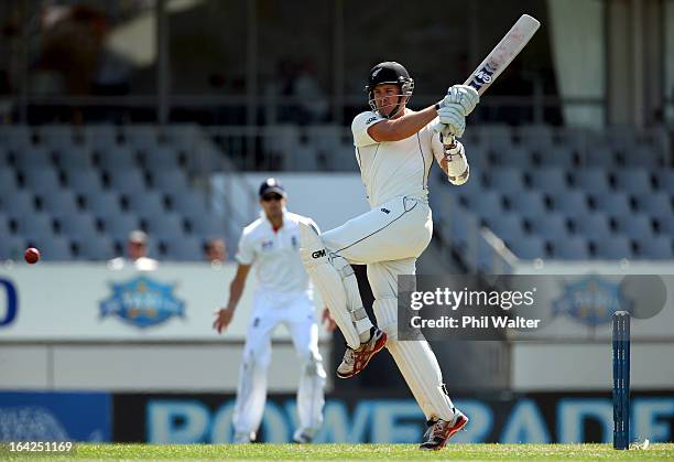 Peter Fulton of New Zealand hits a four during day one of the Third Test match between New Zealand and England at Eden Park on March 22, 2013 in...