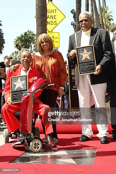 Eddie Willis, Claudette Robinson and Jack Ashford attend the honoring of The Funk Brothers star on the Hollywood Walk of Fame on March 21, 2013 in...