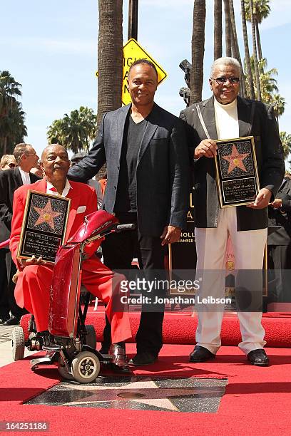 Eddie Willis, Ray Parker Jr. And Jack Ashford attend the honoring of The Funk Brothers star on the Hollywood Walk of Fame on March 21, 2013 in...