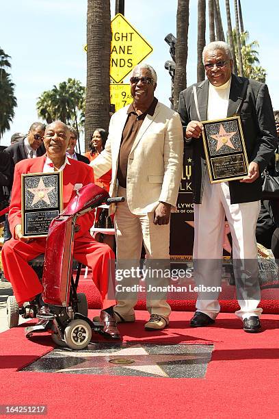 Eddie Willis, Mickey Stevenson and Jack Ashford attend the honoring of The Funk Brothers star on the Hollywood Walk of Fame on March 21, 2013 in...