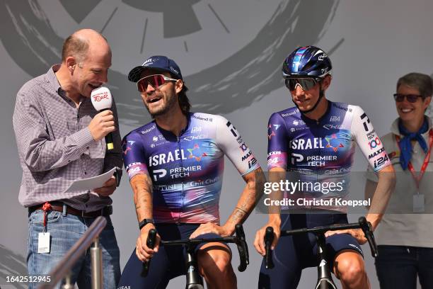 Rick Zabel of Germany and Dylan Teuns of Belgium and Team Israel - Premier Tech prior to the 38th Deutschland Tour 2023, Stage 4 a 175.6km stage from...