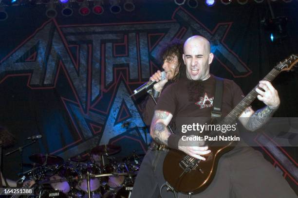 American singer Joey Belladonna and guitarist Scott Ian of the band Anthrax performs on stage at the House of Blues, Chicago, Illinois, May 1, 2005.