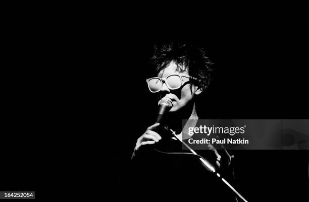 American musician Laurie Anderson performs on stage at Park West, Chicago, Illinois, May 19, 1982.