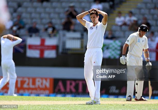 England's Steven Finn reacts after bowling during day one of the international cricket Test match between New Zealand and England at Eden Park in...