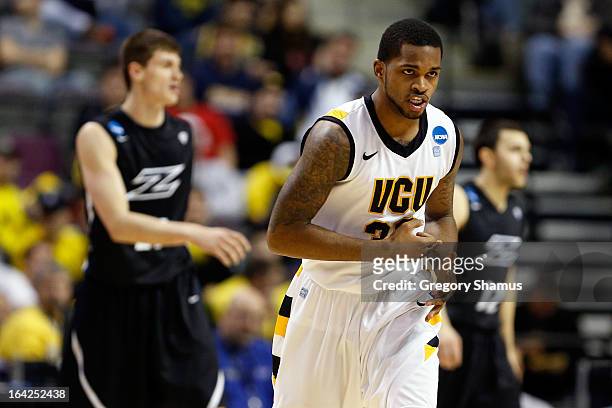 Troy Daniels of the Virginia Commonwealth Rams reacts in the first half against the Akron Zips during the second round of the 2013 NCAA Men's...