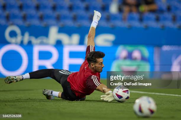 Diego Altube of Albacete Balompie warms up before prior to the LaLiga Hypermotion match between CD Leganes and Albacete BP at Estadio Municipal de...