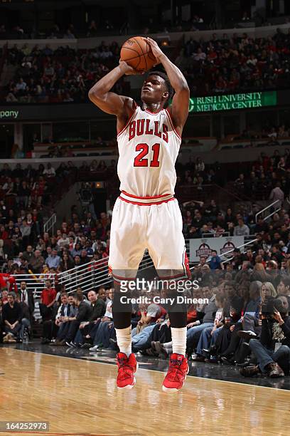 Jimmy Butler of the Chicago Bulls shoots a jumper against the Portland Trail Blazers on March 21, 2013 at the United Center in Chicago, Illinois....