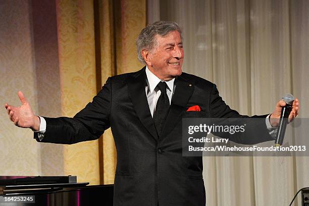 Musician Tony Bennett performs on stage during the 2013 Amy Winehouse Foundation Inspiration Awards and Gala at The Waldorf=Astoria on March 21, 2013...
