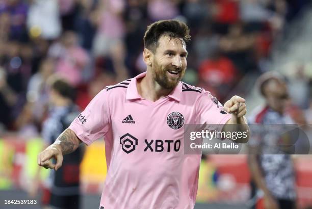 Lionel Messi of Inter Miami CF celebrates after scoring a goal in the second half during a match between Inter Miami CF and New York Red Bulls at Red...