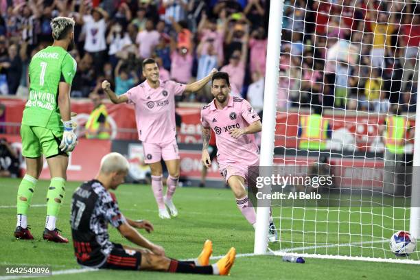 Lionel Messi of Inter Miami CF scores a goal in the second half during a match between Inter Miami CF and New York Red Bulls at Red Bull Arena on...