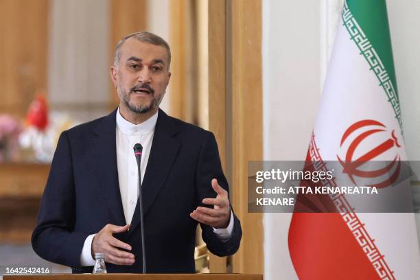 Iran's Foreign Minister Hossein Amir-Abdollahian speaks during a joint press conference with his Turkish counterpart in Tehran on September 3, 2023.