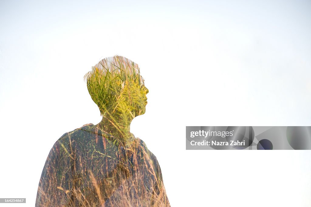 Double exposure of man and silver grass