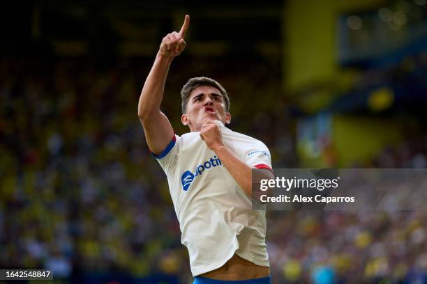 Pablo Paez 'Gavi' of FC Barcelona celebrates after scoring his team's first goal during the LaLiga EA Sports match between Villarreal CF and FC...