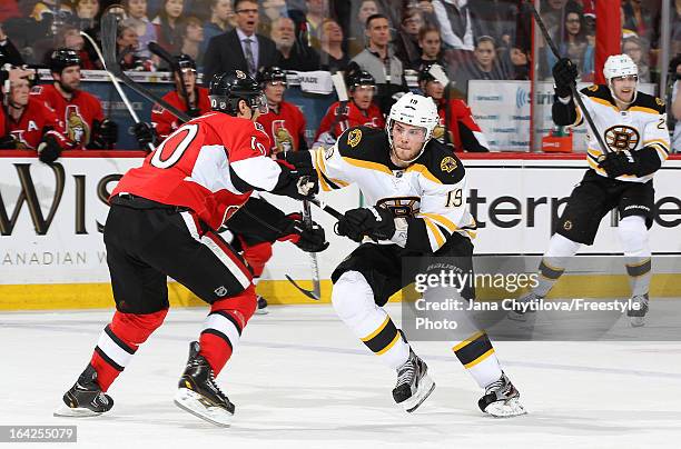 Mike Lundin of the Ottawa Senators defends against a charging Tyler Seguin of the Boston Bruins, during an NHL game, at Scotiabank Place, on March...