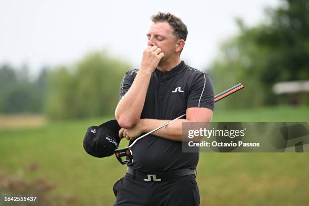 Matt Wallace of England reacts on the 18th green during Day Four of the D+D Real Czech Masters at Albatross Golf Resort on August 27, 2023 in Prague,...