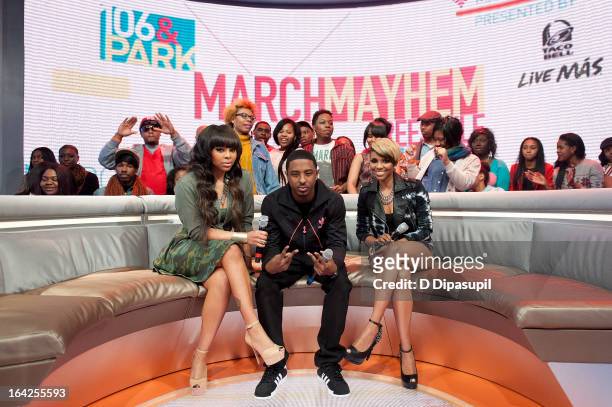 Paigion, Shorty Da Prince, and Miss Mykie host BET's '106 & Park' at BET Studios on March 21, 2013 in New York City.