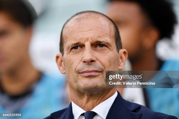 Massimiliano Allegri, Manager of Juventus looks on ahead of the Serie A TIM match between Juventus and Bologna FC at on August 27, 2023 in Turin,...