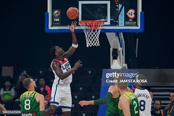 S Anthony Edwards shoots the ball during the FIBA Basketball World Cup second round match between USA and Lithuania at Mall of Asia Arena in Pasay...