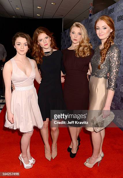 Actresses Maisie Williams, Rose Leslie, Natalie Dormer and Sophie Turner attend HBO's "Game Of Thrones" Season 3 Seattle Premiere on March 21, 2013...