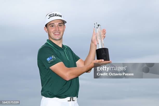 Todd Clements of England poses with the Championship Trophy after winning the D+D Real Czech Masters at Albatross Golf Resort on August 27, 2023 in...
