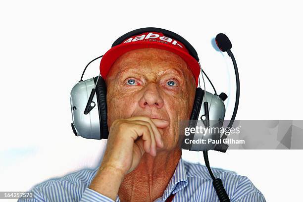 Former Formula 1 driver and non-executive chairman of Mercedes, Niki Lauda watches the timing screens during practice for the Malaysian Formula One...