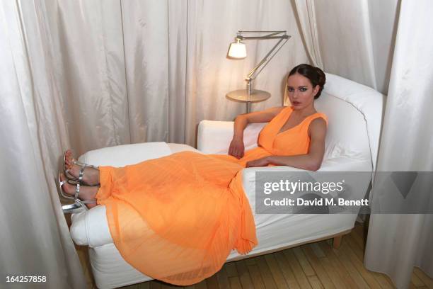 Model poses at the launch party for Atelier-To-Go at Agua Spa, The Sanderson Hotel on March 21, 2013 in London, England. Atelier-To-Go is a brand-new...