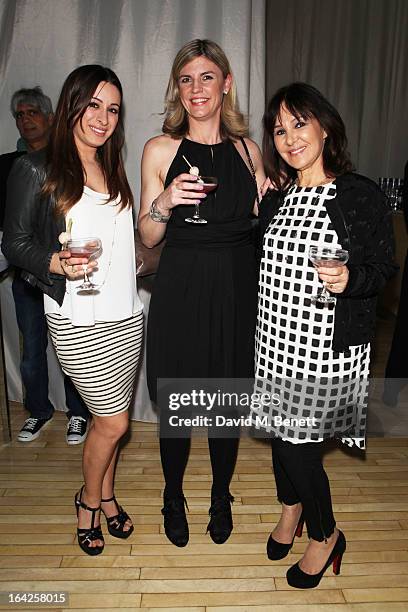 Alana Phillips and mother Arlene Phillips pose with CEO Jacqueline Stuart at the launch party for Atelier-To-Go at Agua Spa, The Sanderson Hotel on...