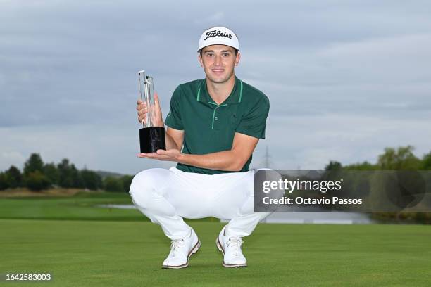 Todd Clements of England poses with the Championship Trophy after winning the D+D Real Czech Masters at Albatross Golf Resort on August 27, 2023 in...