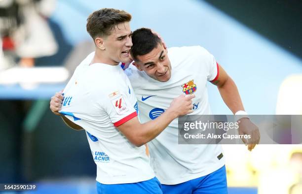 Ferran Torres of FC Barcelona celebrates with Gavi of FC Barcelona after scoring the team's third goal during the LaLiga EA Sports match between...