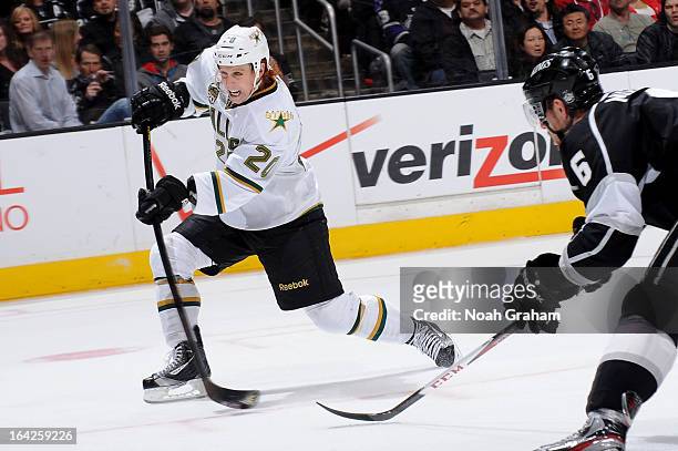 Cody Eakin of the Dallas Stars shoots the puck against the Los Angeles Kings at Staples Center on March 21, 2013 in Los Angeles, California.
