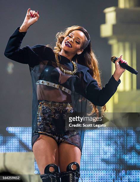 Rihanna performs during her 2013 Diamonds World Tour in concert at Joe Louis Arena on March 21, 2013 in Detroit, Michigan.