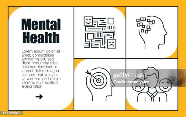 mental health line icon set und bannerdesign.  gesundheitswesen, medizin, krankenhausbett, krankenhaus, menschliches gehirn, krankheit, einsamkeit, psychisches wohlbefinden, psychotherapie, schizophrenie, - human nervous system stock-grafiken, -clipart, -cartoons und -symbole