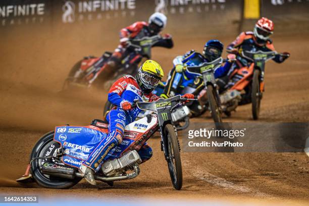 Dan Bewley leads Jason Doyle Mikkel Michelsen and Wild Card rider Steve Worrall during the FIM Speedway Grand Prix of Great Britain at the...