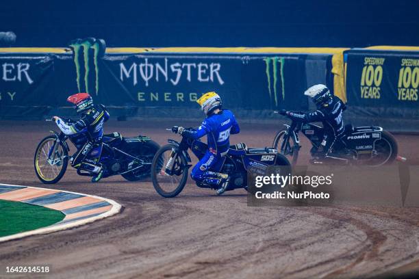 Jason Doyle leads Robert Lambert and Tai Woffinden during the FIM Speedway Grand Prix of Great Britain at the Principality Stadium, Cardiff on...