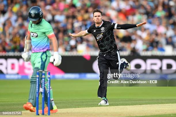 Josh Little of Manchester Originals celebrates taking the wicket of Sam Curran of Oval Invincibles during The Hundred Final between Oval Invincibles...