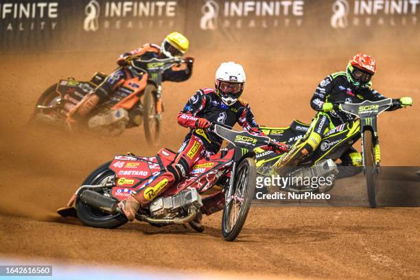 Max Fricke leads Martin Vaculik and Mikkel Michelsen during the FIM Speedway Grand Prix of Great Britain at the Principality Stadium, Cardiff on...